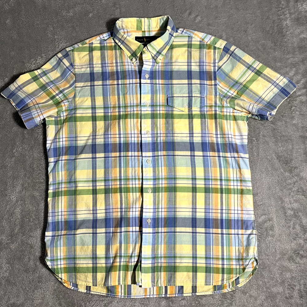 Ralph Lauren Mens Shirt Large Beach Twill Tartan Plaid Short Sleeve Soft